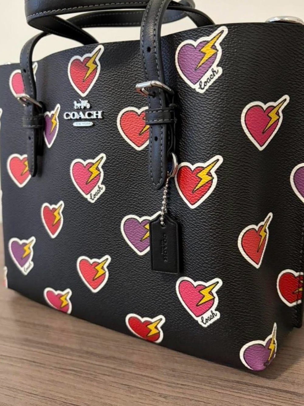 Coach Black Leather Tote with Red, Pink and Purple Heart Lightning Motifs - Picture 3 of 7